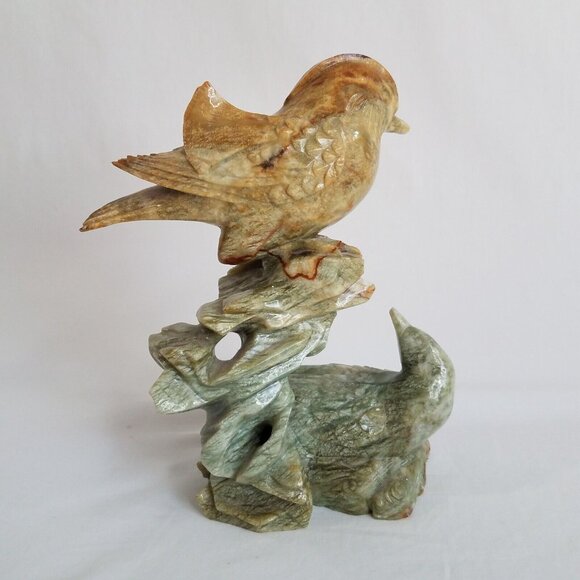 Hand Carved Song Birds 8" Hardstone Green to Golden Brown Audubon Chinese ? - Picture 4 of 16